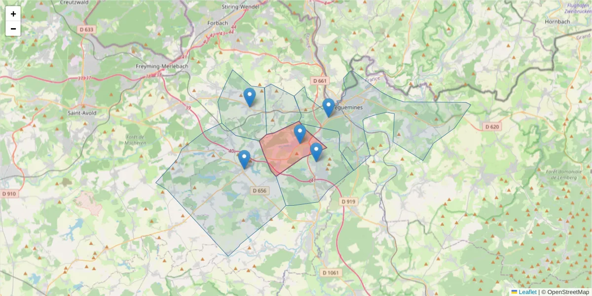 Carte de la zone du code postal  et des codes postaux voisins en France