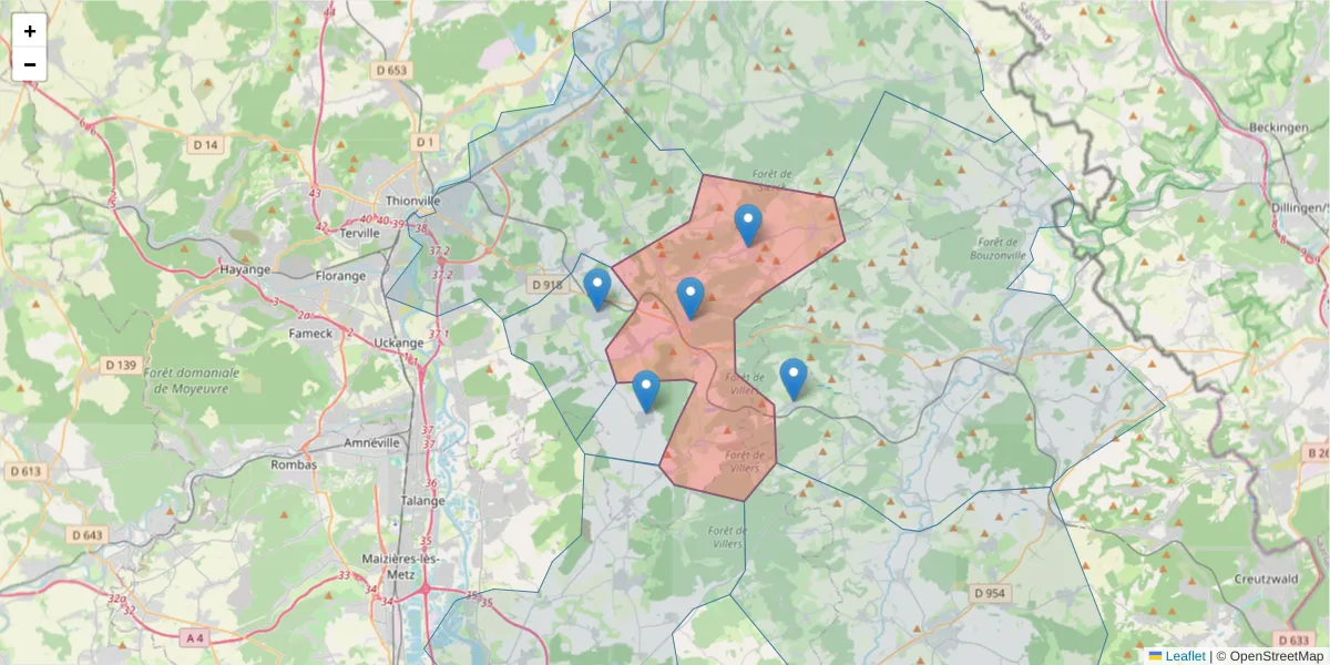 Carte de la zone du code postal  et des codes postaux voisins en France