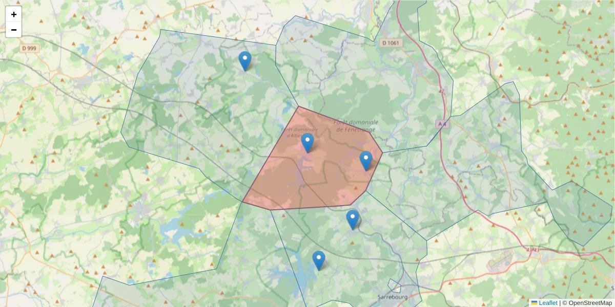 Carte de la zone du code postal  et des codes postaux voisins en France