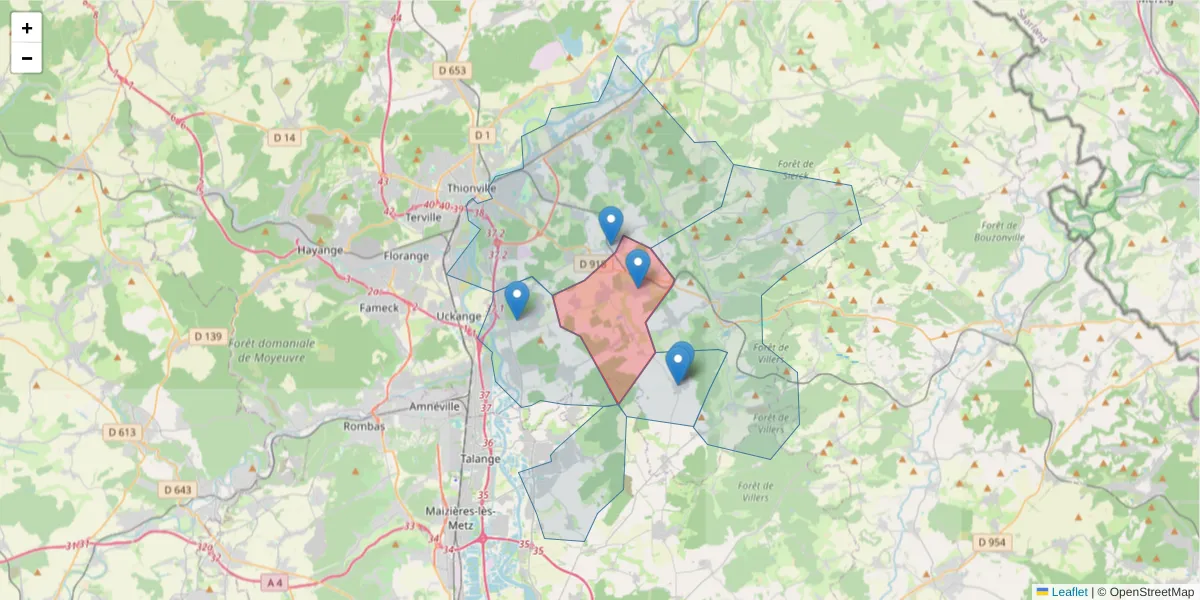 Carte de la zone du code postal  et des codes postaux voisins en France