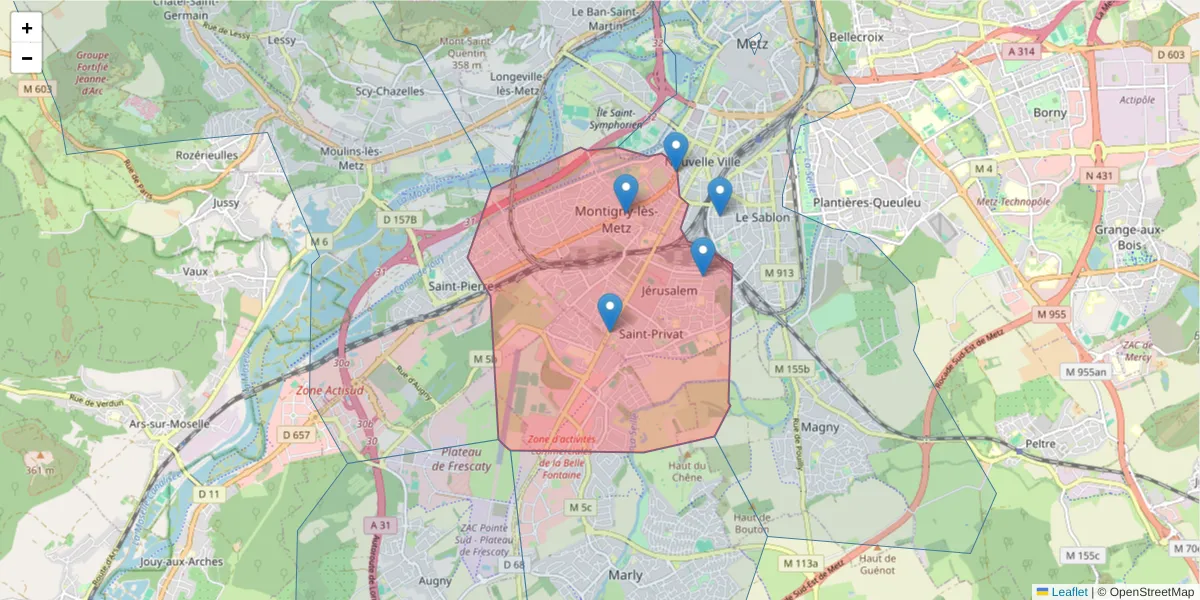 Carte de la zone du code postal  et des codes postaux voisins en France
