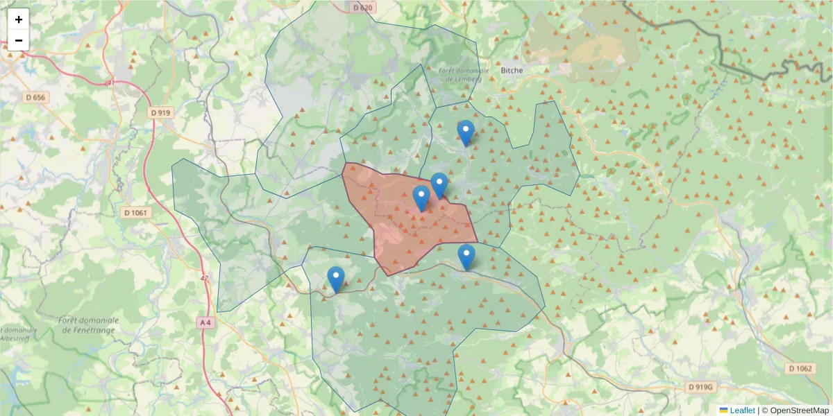 Carte de la zone du code postal  et des codes postaux voisins en France