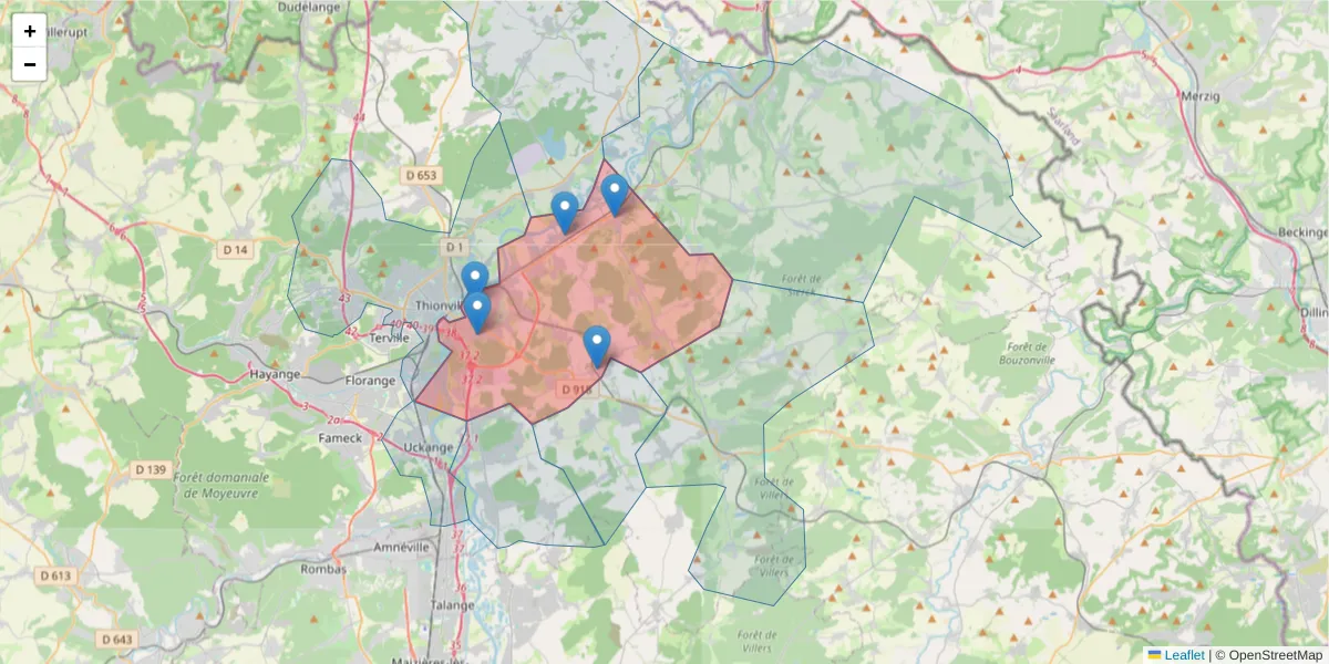 Carte de la zone du code postal  et des codes postaux voisins en France