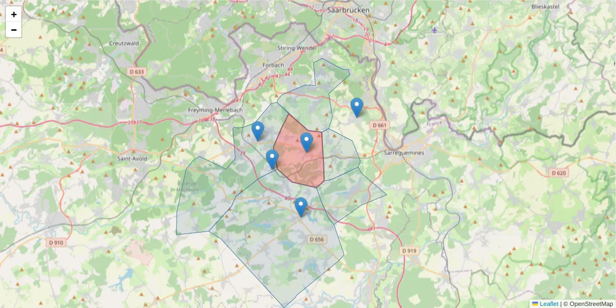 Carte de la zone du code postal  et des codes postaux voisins en France