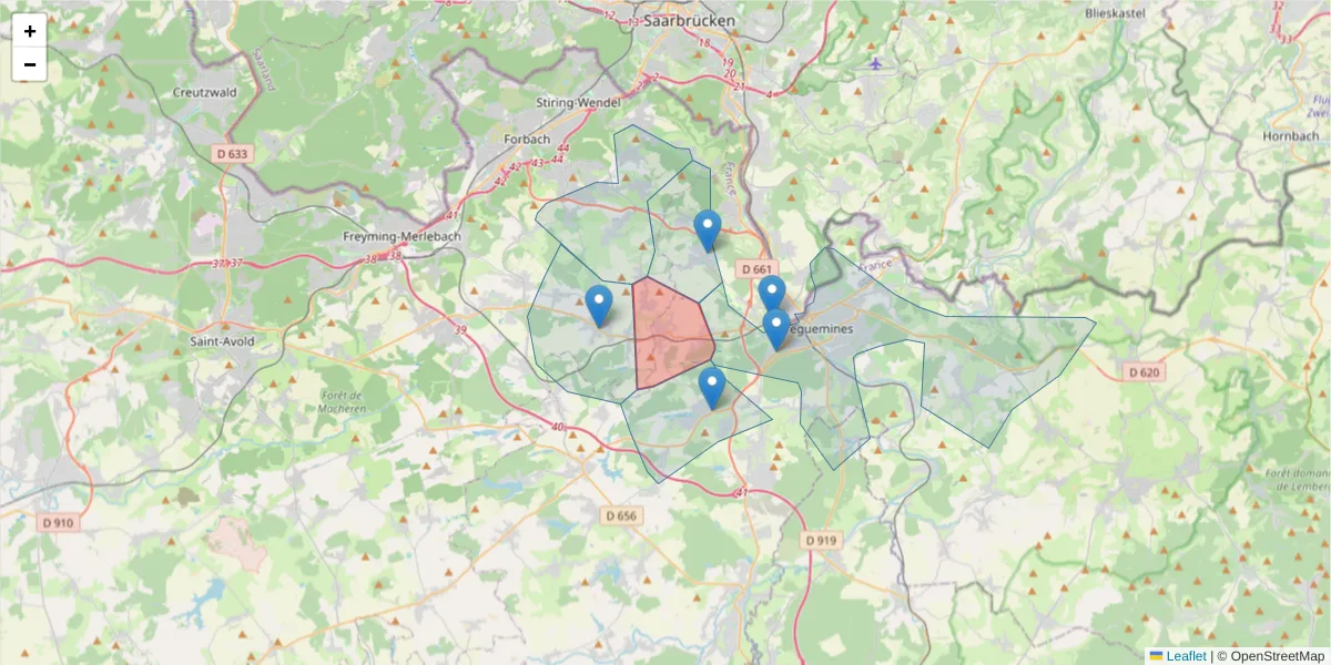 Carte de la zone du code postal  et des codes postaux voisins en France
