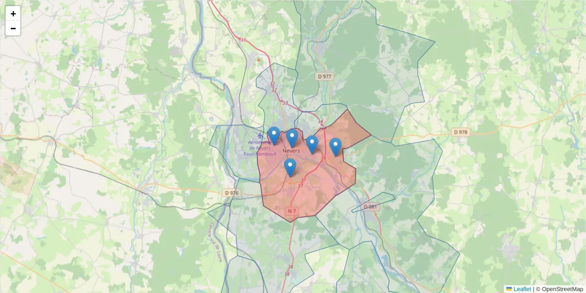 Carte de la zone du code postal  et des codes postaux voisins en France