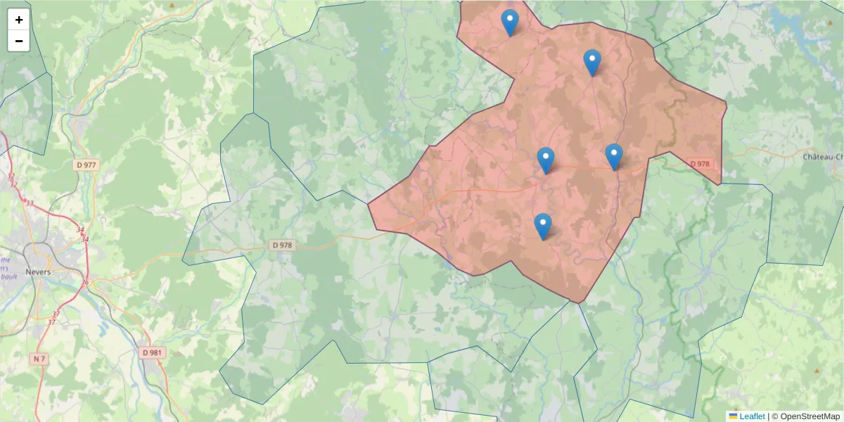 Carte de la zone du code postal  et des codes postaux voisins en France