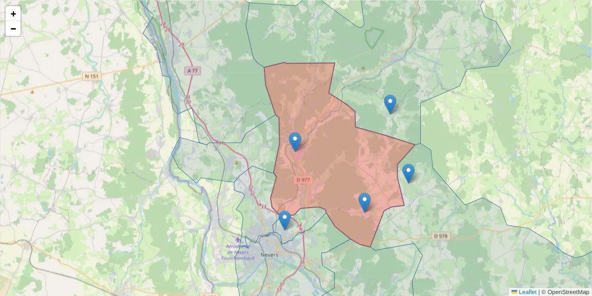 Carte de la zone du code postal  et des codes postaux voisins en France