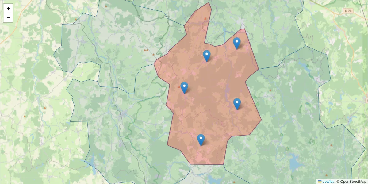 Carte de la zone du code postal  et des codes postaux voisins en France