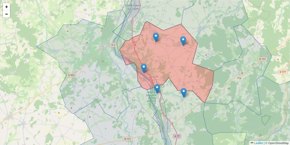 Carte de la zone du code postal  et des codes postaux voisins en France