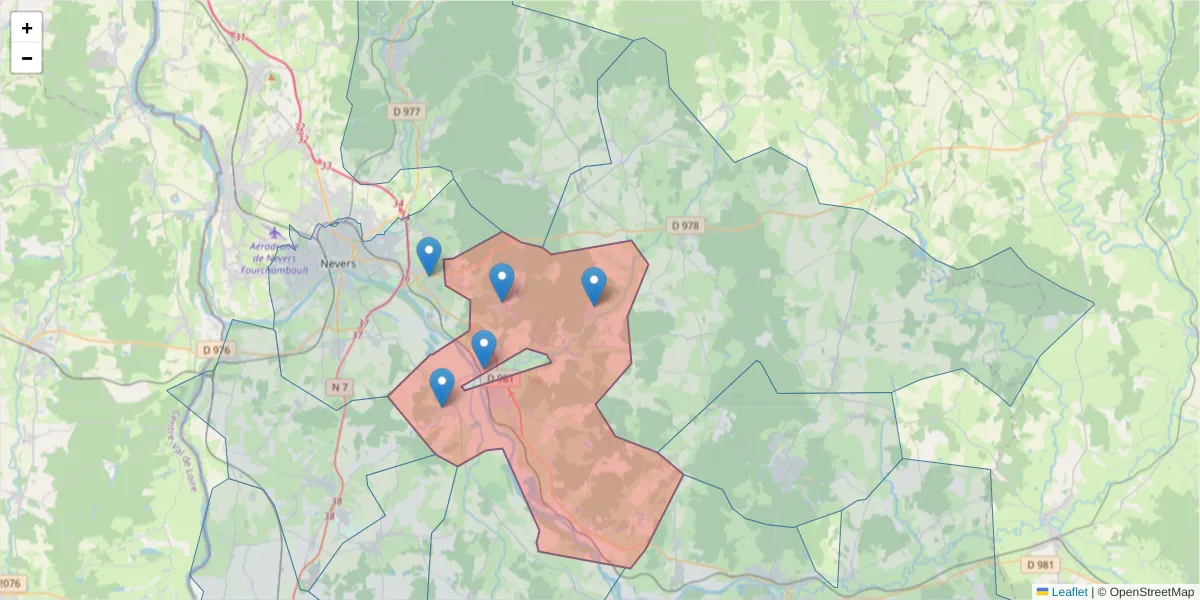 Carte de la zone du code postal  et des codes postaux voisins en France