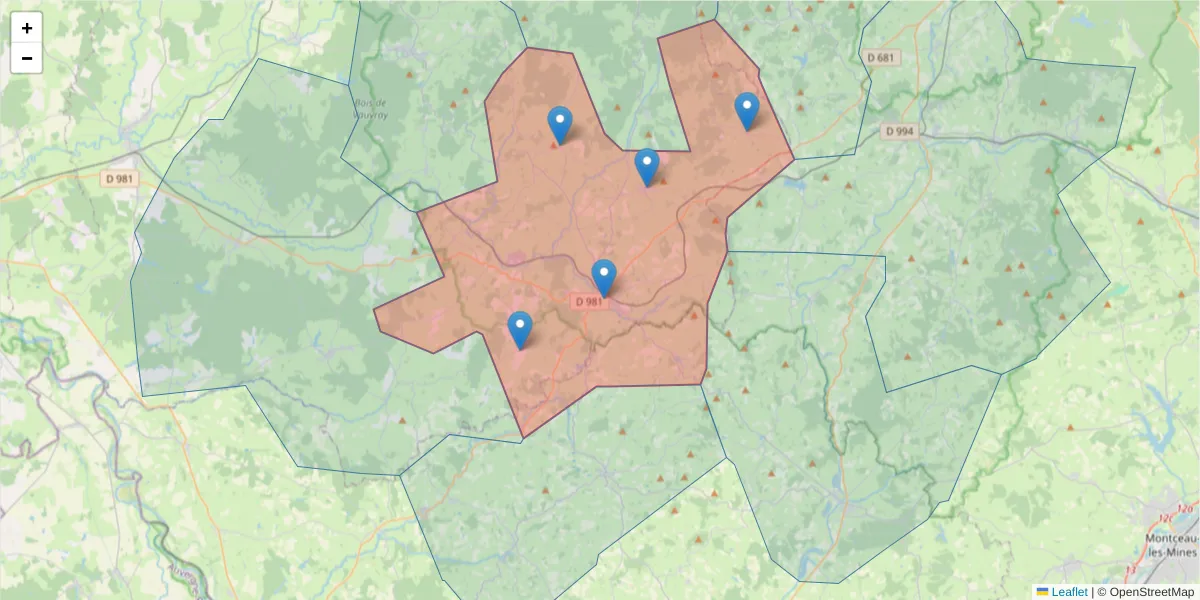Carte de la zone du code postal  et des codes postaux voisins en France