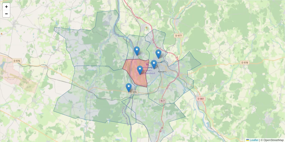 Carte de la zone du code postal  et des codes postaux voisins en France