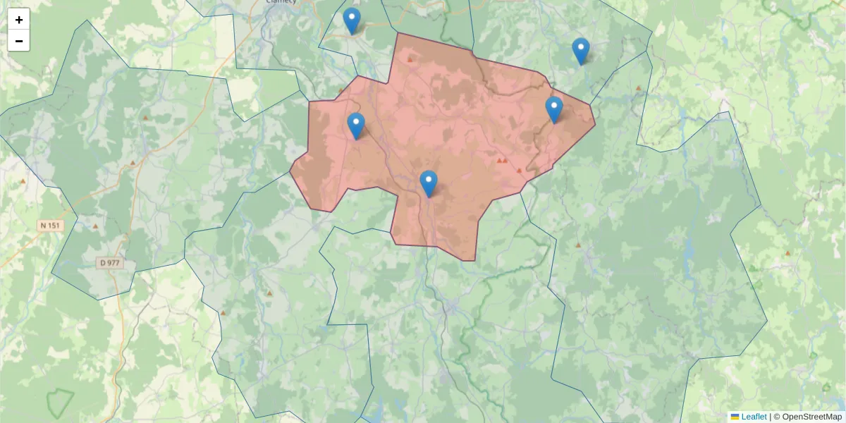 Carte de la zone du code postal  et des codes postaux voisins en France