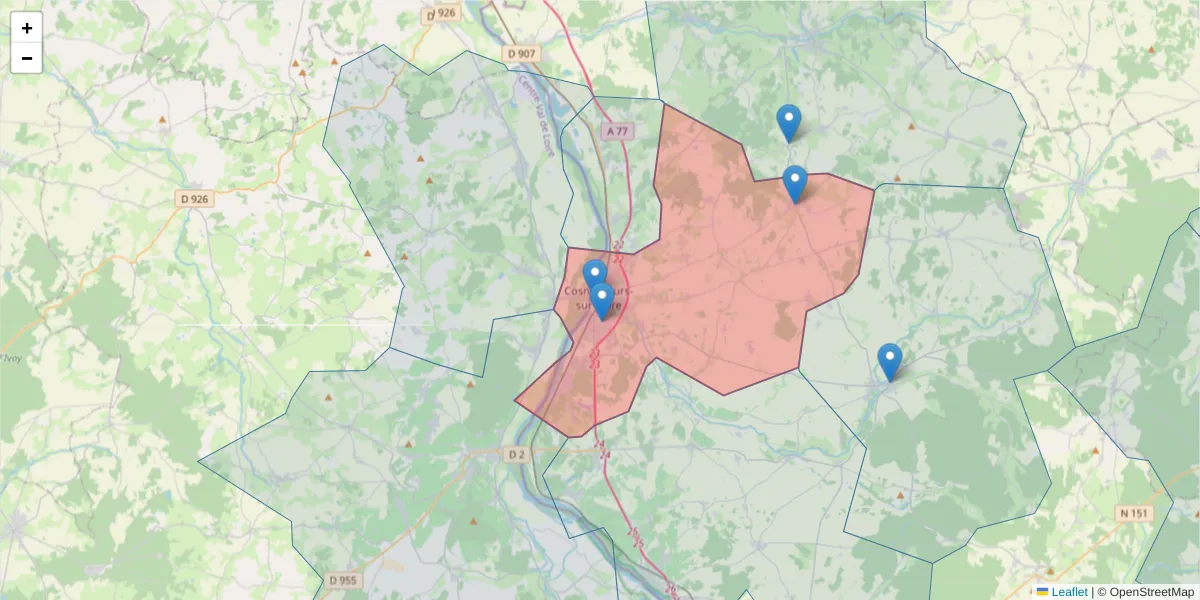 Carte de la zone du code postal  et des codes postaux voisins en France