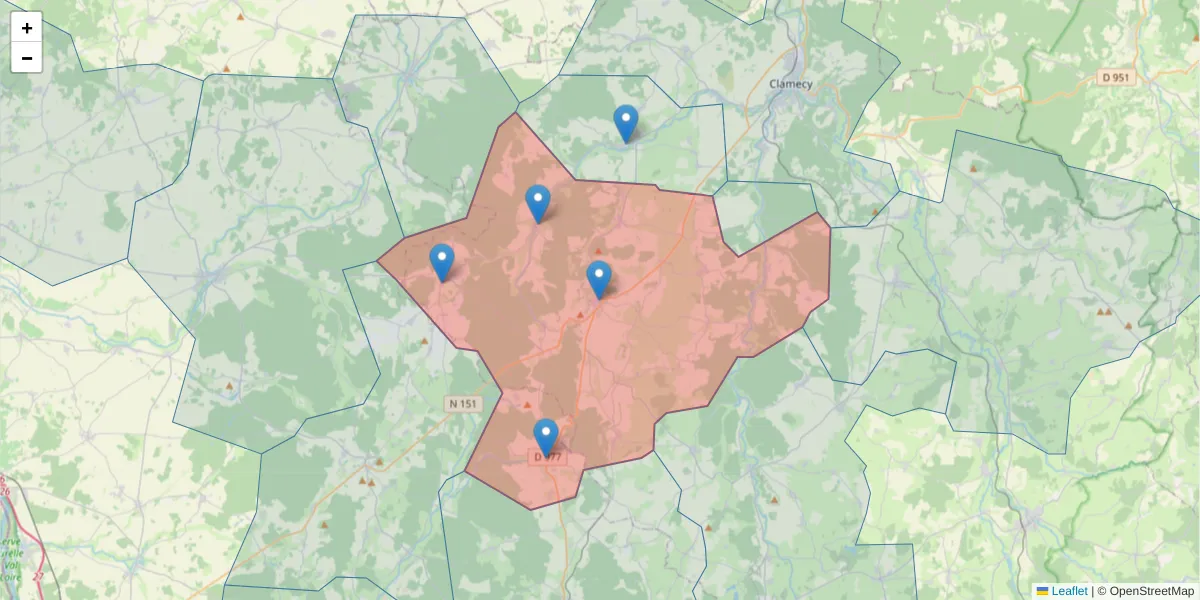 Carte de la zone du code postal  et des codes postaux voisins en France