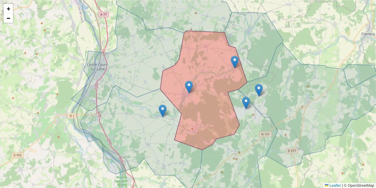 Carte de la zone du code postal  et des codes postaux voisins en France