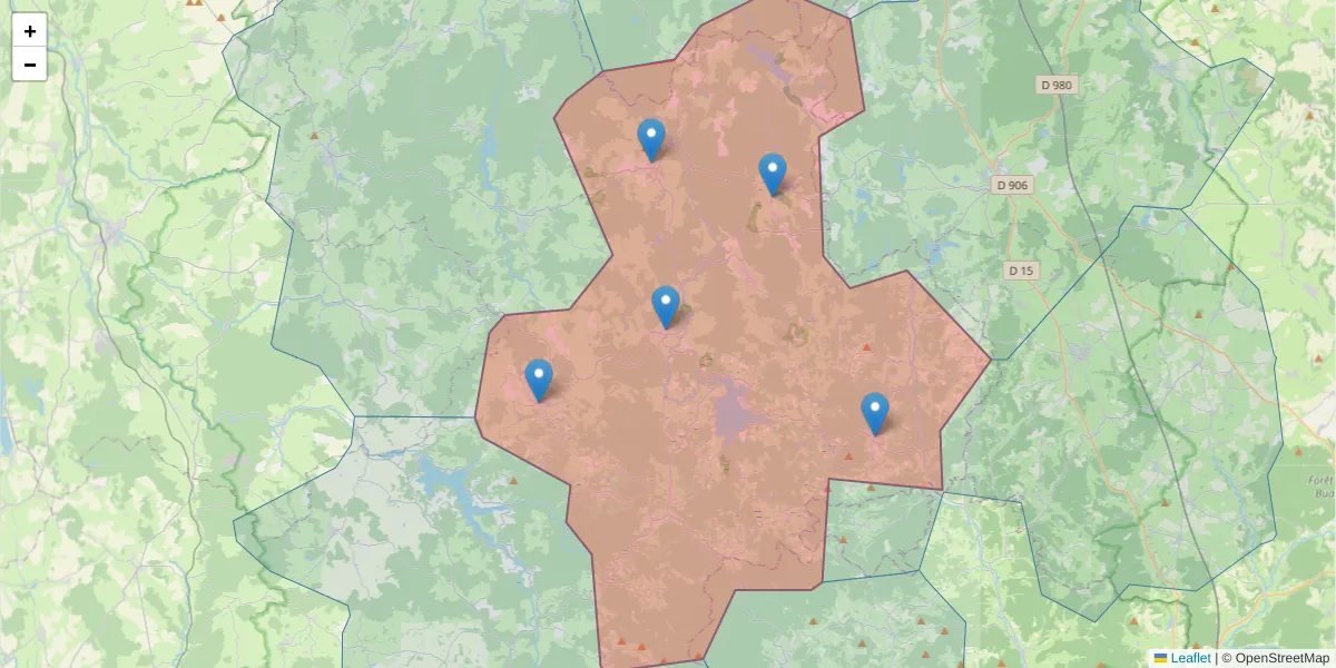 Carte de la zone du code postal  et des codes postaux voisins en France
