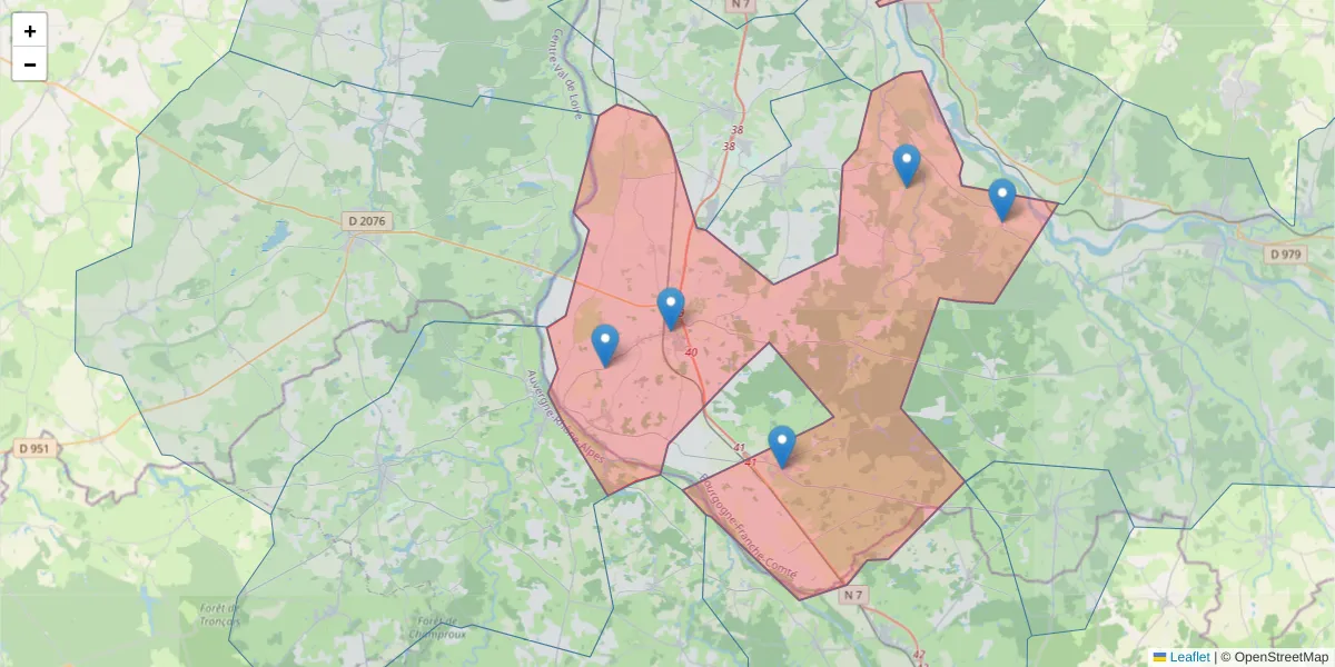 Carte de la zone du code postal  et des codes postaux voisins en France