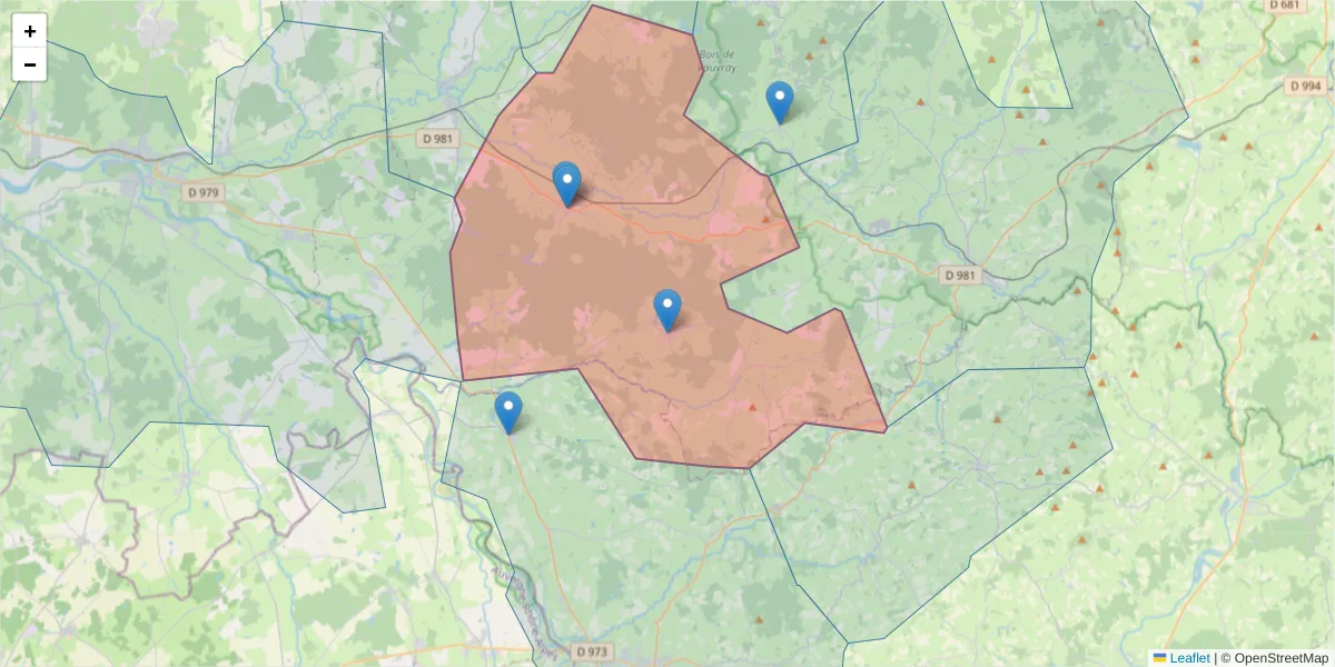 Carte de la zone du code postal  et des codes postaux voisins en France