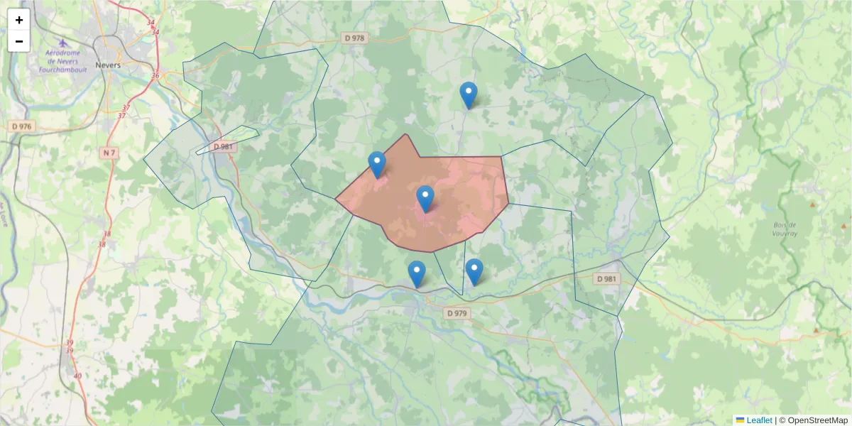 Carte de la zone du code postal  et des codes postaux voisins en France