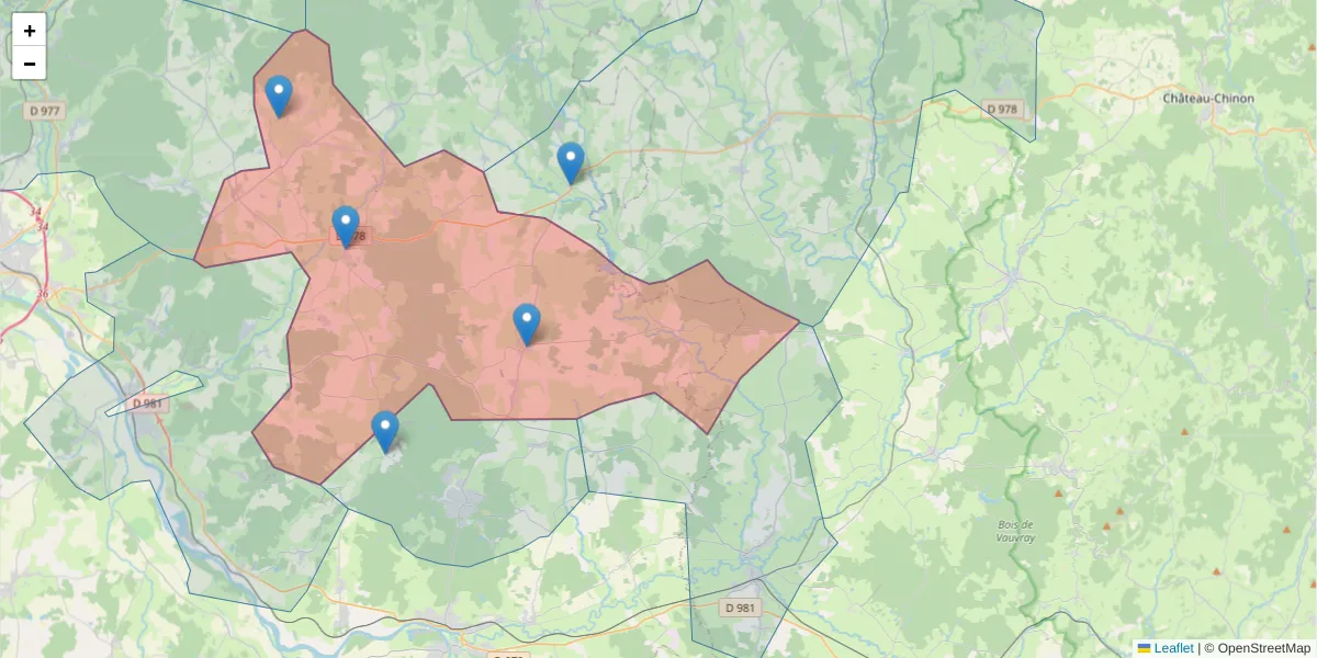 Carte de la zone du code postal  et des codes postaux voisins en France