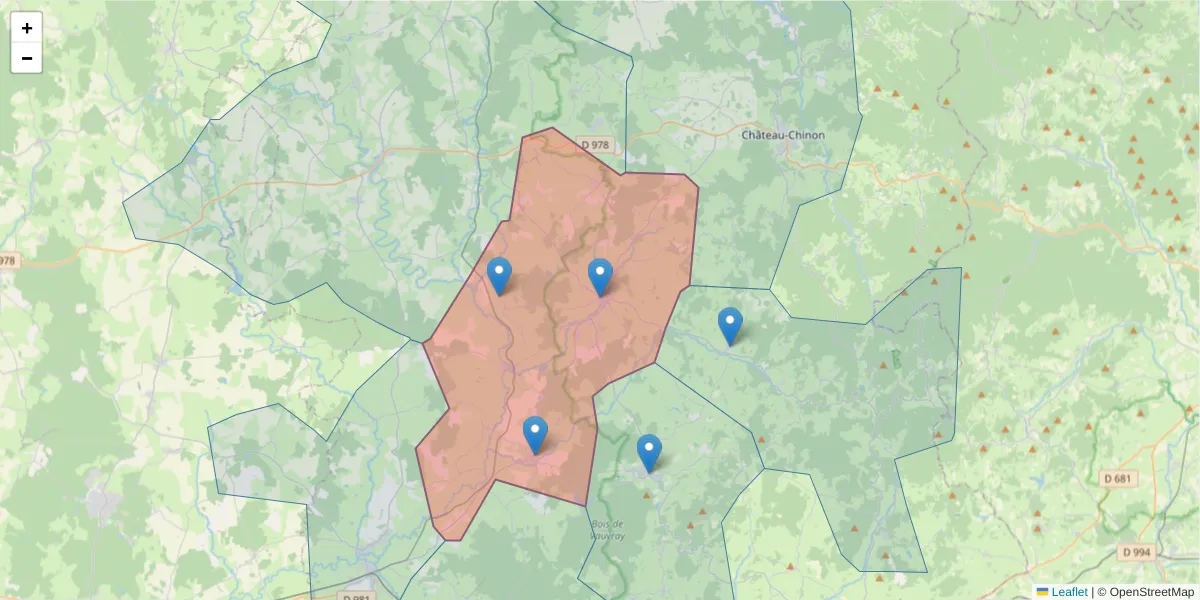 Carte de la zone du code postal  et des codes postaux voisins en France