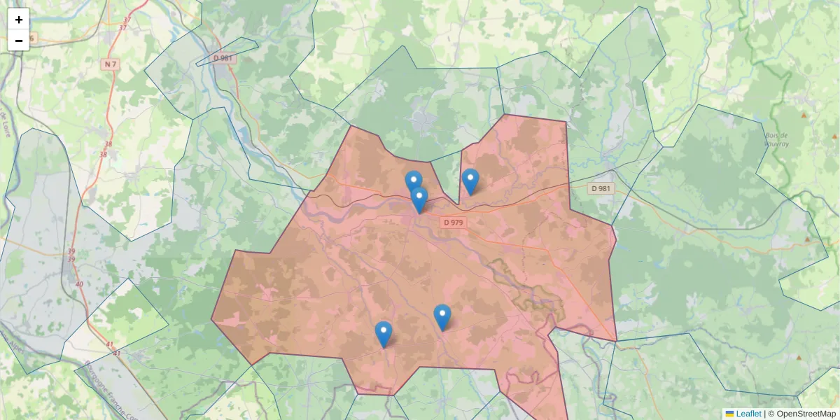 Carte de la zone du code postal  et des codes postaux voisins en France