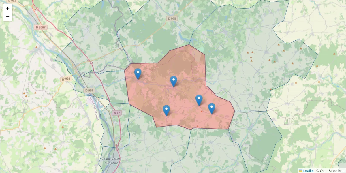 Carte de la zone du code postal  et des codes postaux voisins en France
