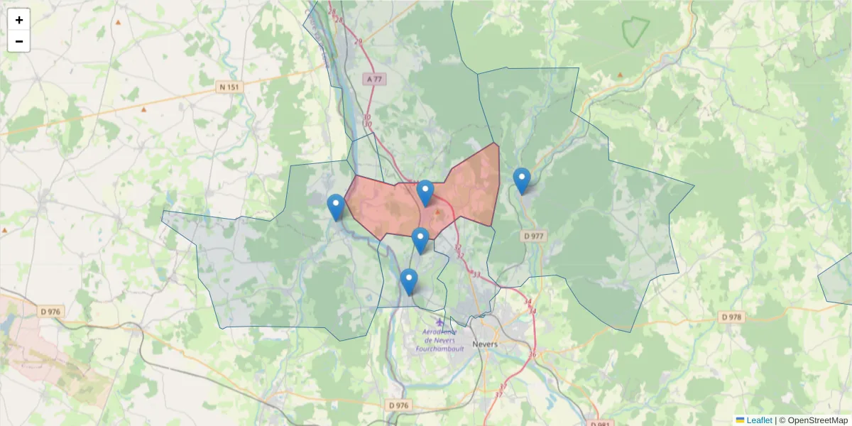 Carte de la zone du code postal  et des codes postaux voisins en France
