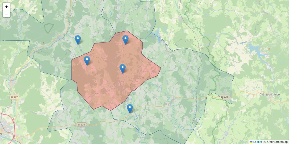 Carte de la zone du code postal  et des codes postaux voisins en France