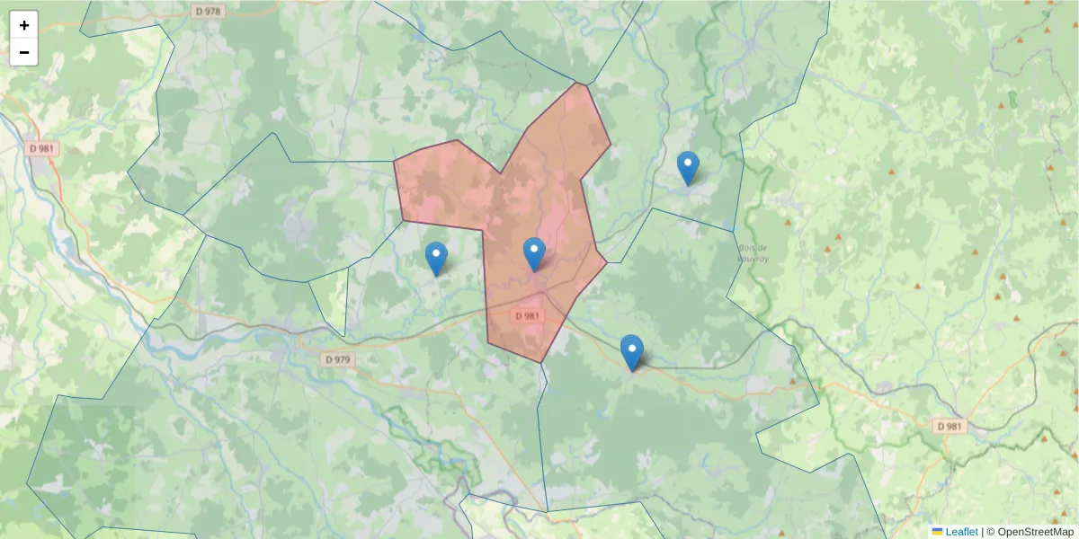 Carte de la zone du code postal  et des codes postaux voisins en France
