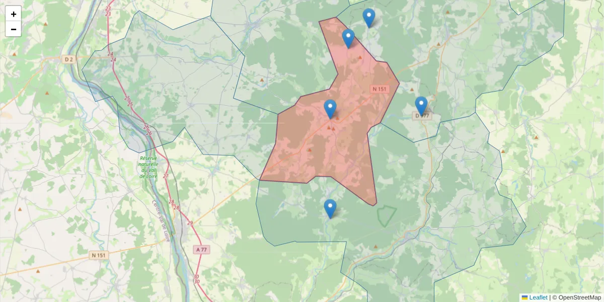 Carte de la zone du code postal  et des codes postaux voisins en France