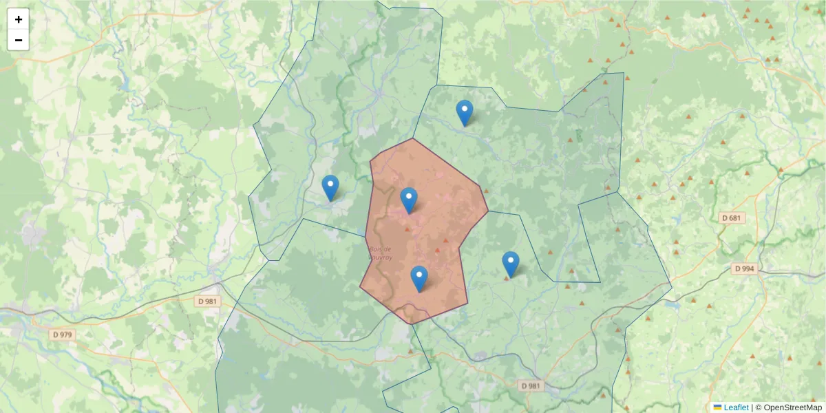 Carte de la zone du code postal  et des codes postaux voisins en France