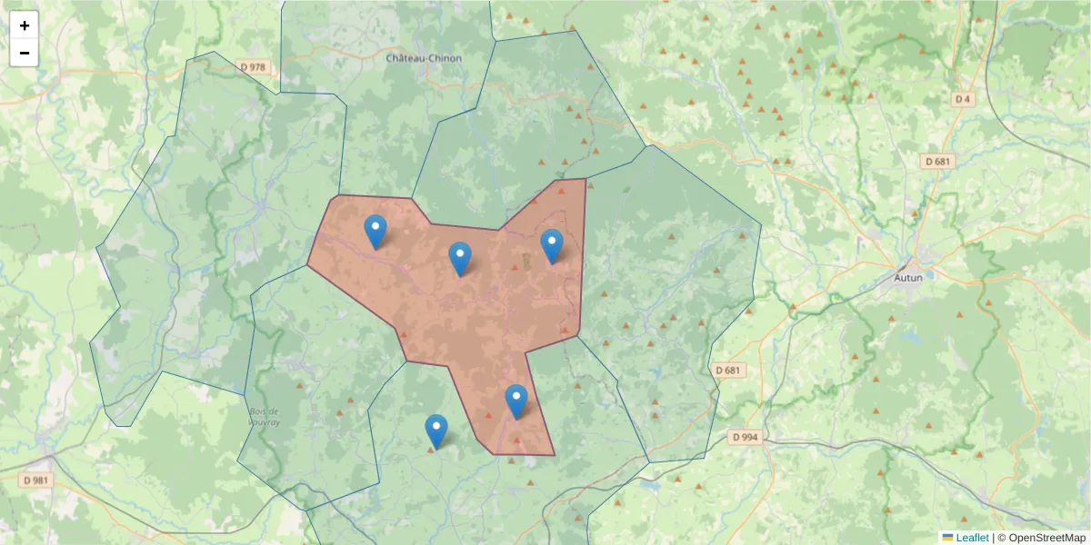 Carte de la zone du code postal  et des codes postaux voisins en France