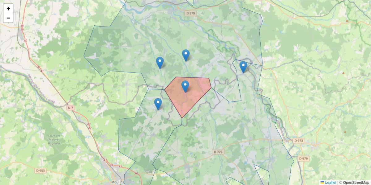 Carte de la zone du code postal  et des codes postaux voisins en France