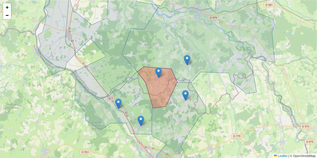 Carte de la zone du code postal  et des codes postaux voisins en France