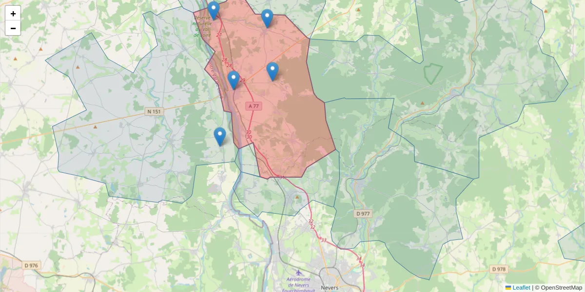 Carte de la zone du code postal  et des codes postaux voisins en France