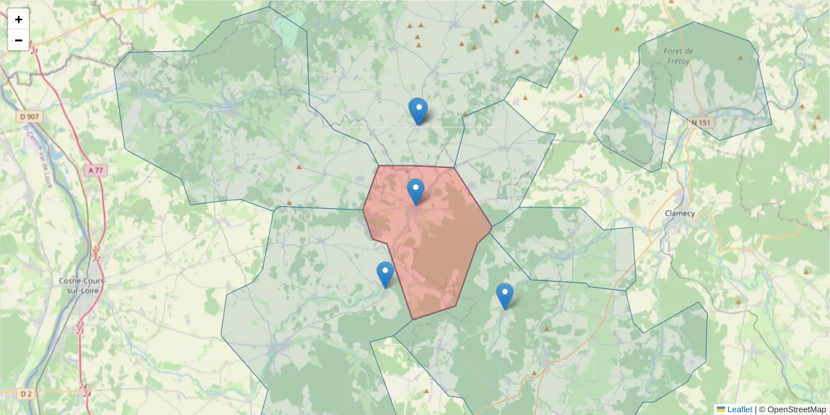 Carte de la zone du code postal  et des codes postaux voisins en France