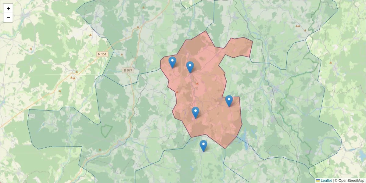Carte de la zone du code postal  et des codes postaux voisins en France