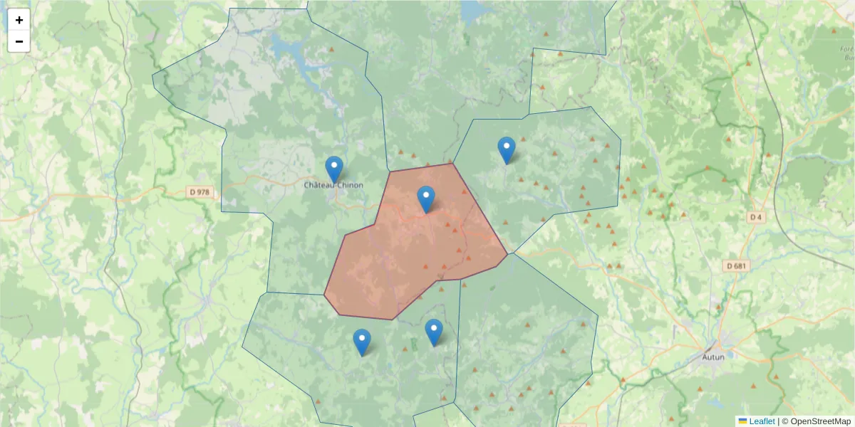 Carte de la zone du code postal  et des codes postaux voisins en France