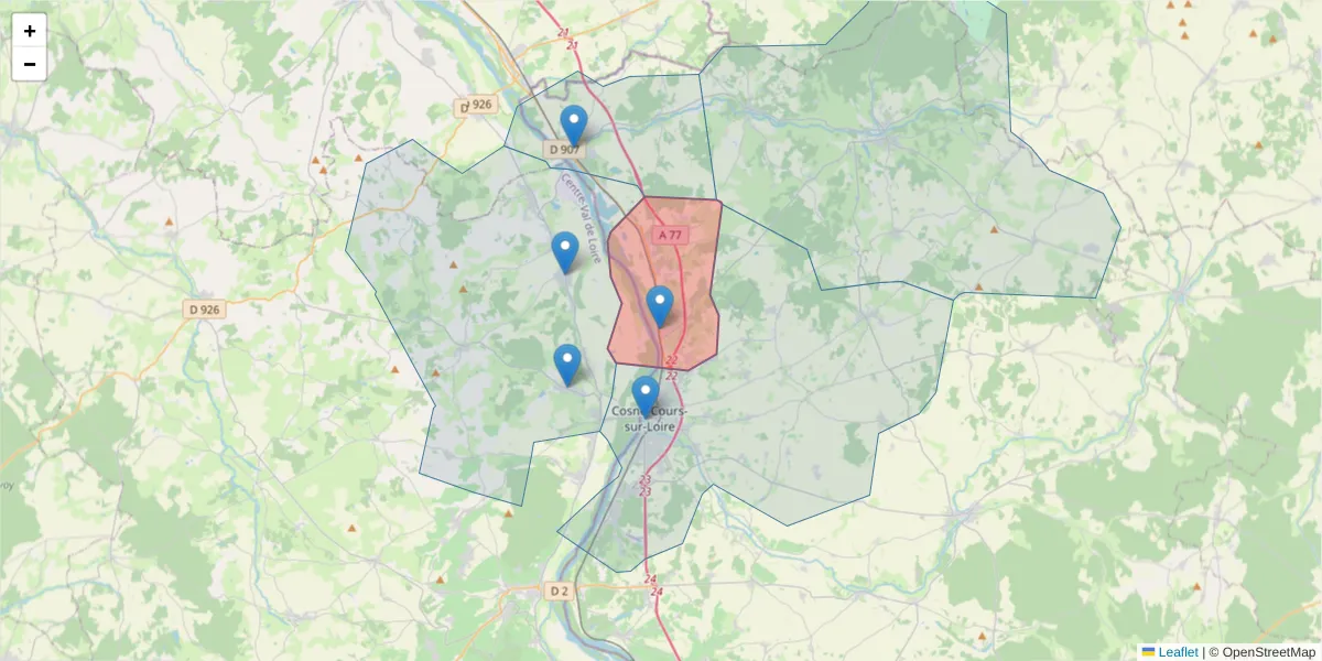 Carte de la zone du code postal  et des codes postaux voisins en France