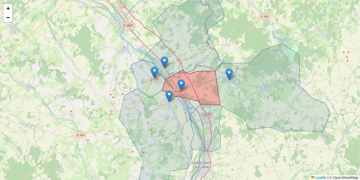 Carte de la zone du code postal  et des codes postaux voisins en France