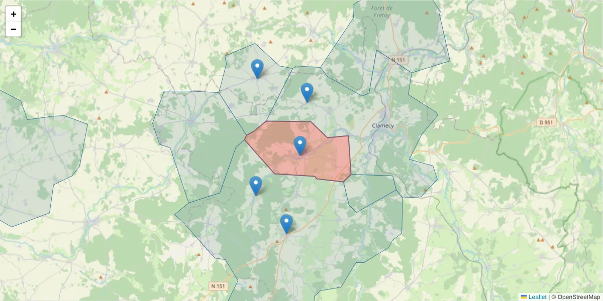 Carte de la zone du code postal  et des codes postaux voisins en France