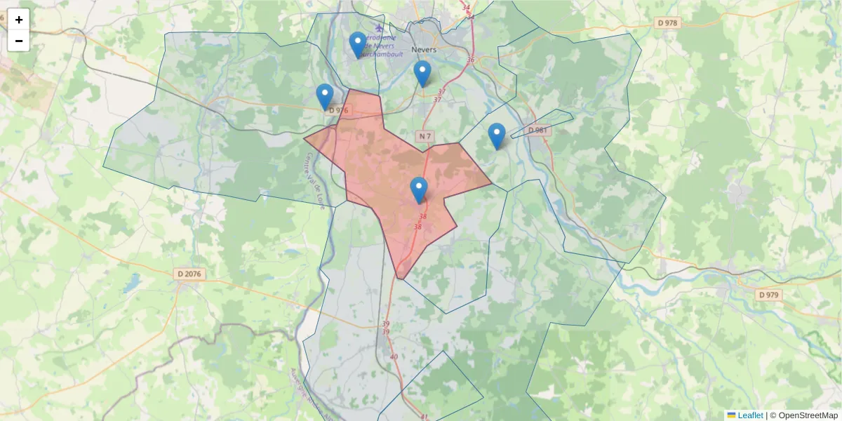 Carte de la zone du code postal  et des codes postaux voisins en France