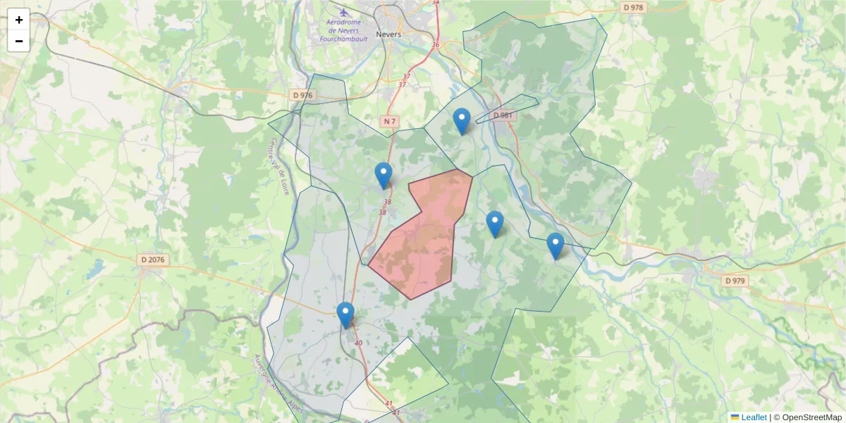 Carte de la zone du code postal  et des codes postaux voisins en France