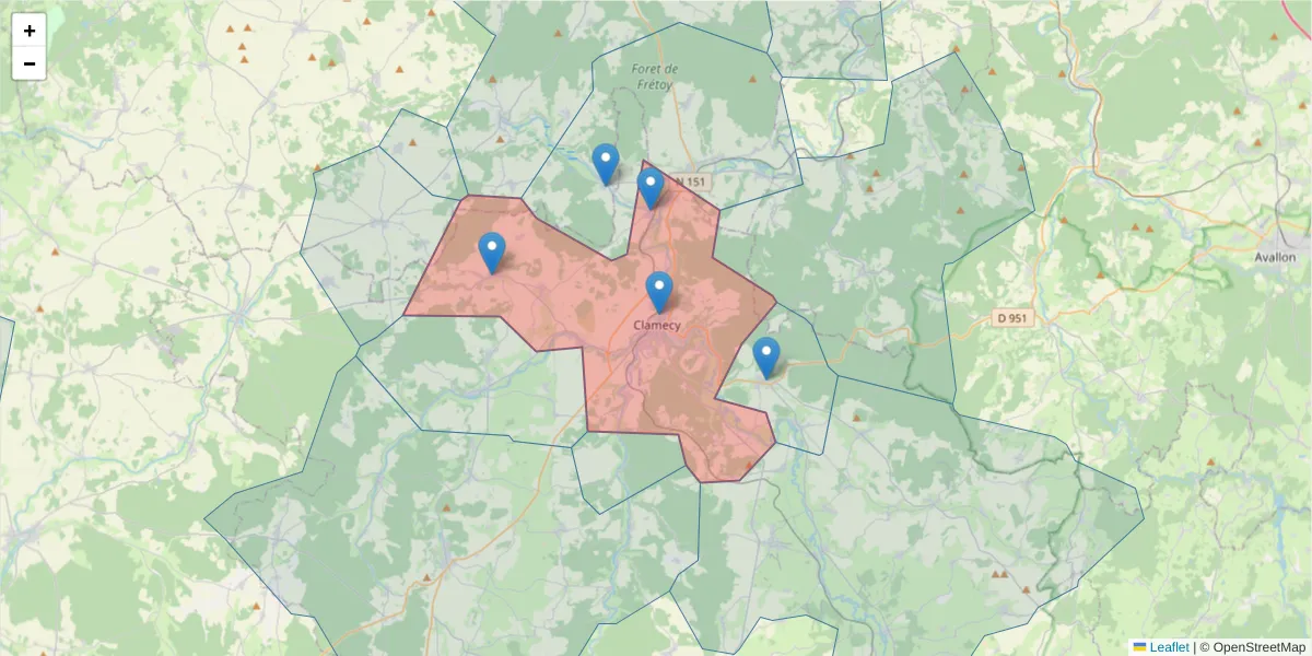 Carte de la zone du code postal  et des codes postaux voisins en France