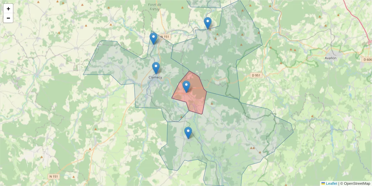 Carte de la zone du code postal  et des codes postaux voisins en France