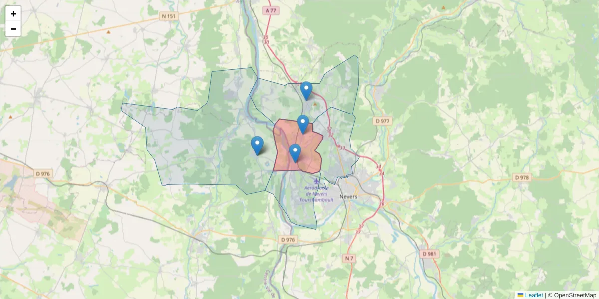 Carte de la zone du code postal  et des codes postaux voisins en France