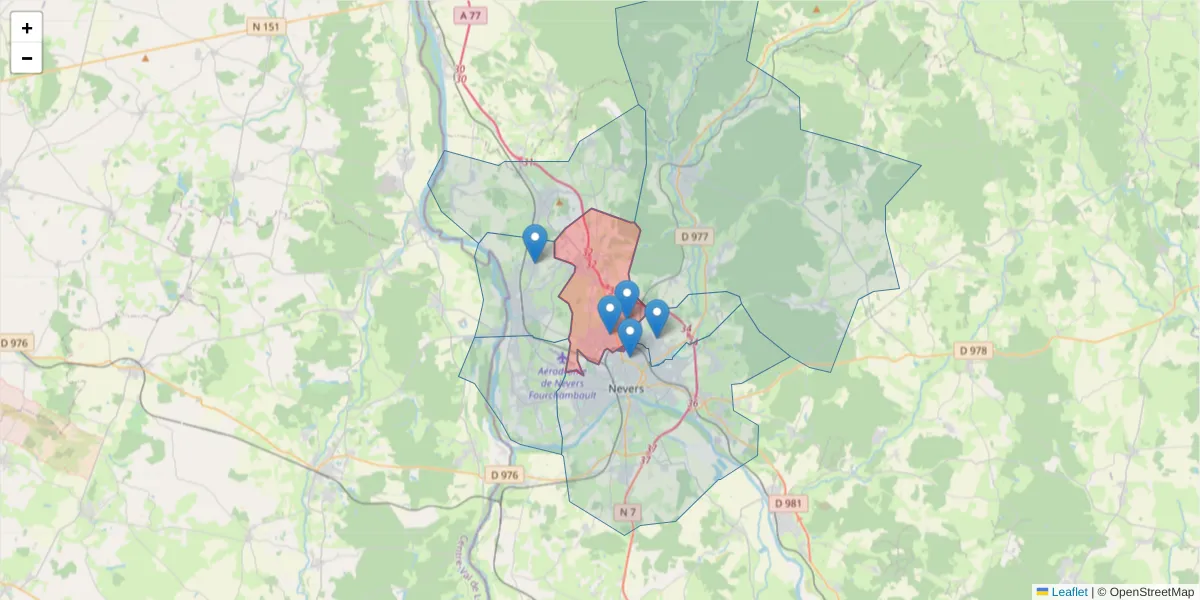 Carte de la zone du code postal  et des codes postaux voisins en France